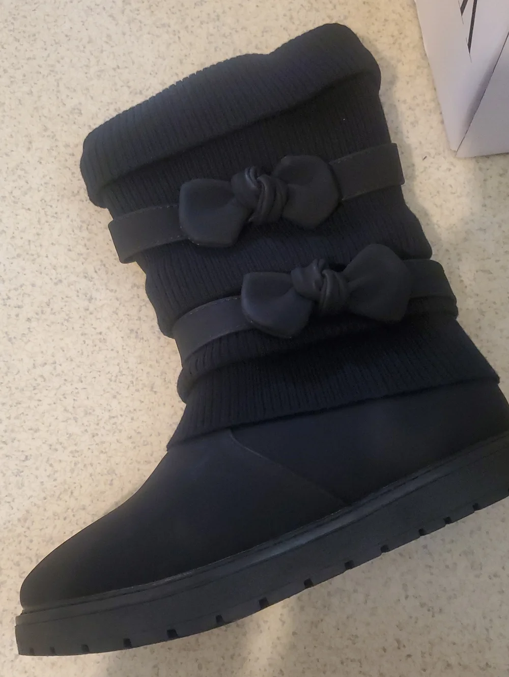 Black Girls' Knit Cuff Bow Snow Boots